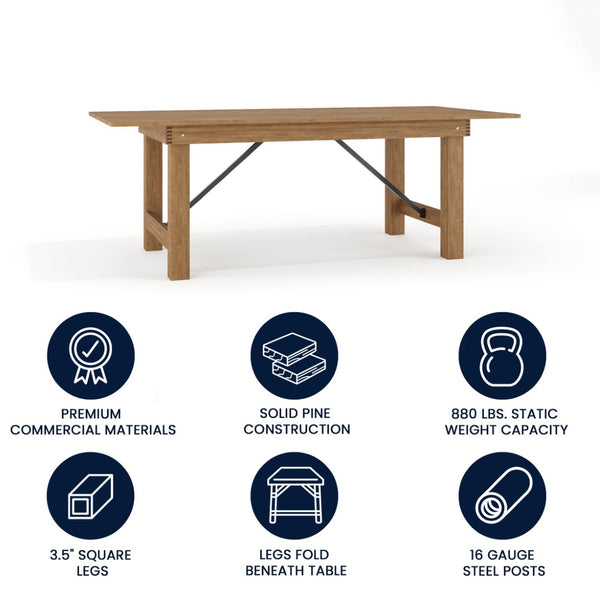 English Elm HERCULES Solid Pine Folding Farm Table – Rustic Charm & Durable Design for Indoor or Outdoor Use Antique Rustic 7'L x 40"W XA-F-84X40-GG