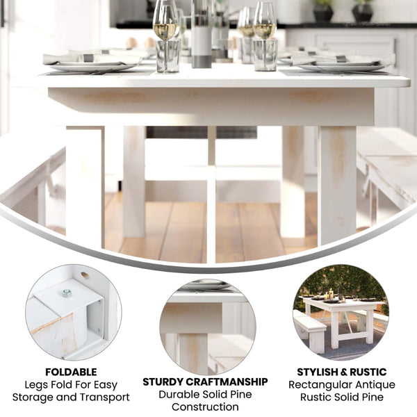 English Elm HERCULES Solid Pine Folding Farm Table – Rustic Charm & Durable Design for Indoor or Outdoor Use Antique Rustic White 7'L x 40"W XA-F-84X40-WH-GG