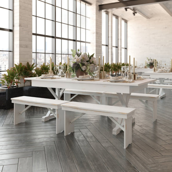 English Elm HERCULES Solid Pine Folding Farm Table – Elegant Design for Dining, Events & Versatile Spaces Antique Rustic White 7'L x 40"W XA-F-84X40-XLEGS-WH-GG