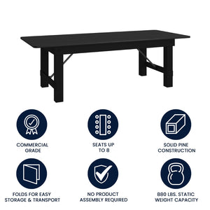 English Elm HERCULES 96" Farmhouse Folding Table - Solid Pine with Heavy-Duty Design for Dining & Events Black Wash 8'L x 40"W XA-F-96X40-BW-GG