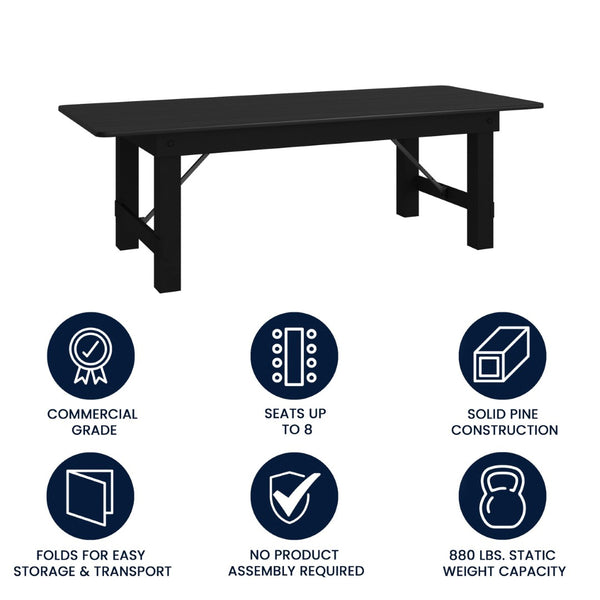 English Elm HERCULES 96" Farmhouse Folding Table - Solid Pine with Heavy-Duty Design for Dining & Events Black Wash 8'L x 40"W XA-F-96X40-BW-GG