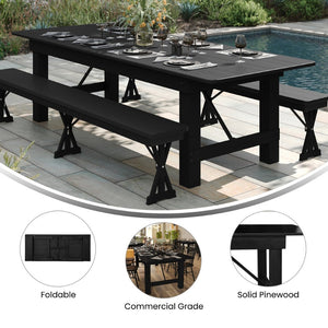 English Elm HERCULES 96" Farmhouse Folding Table - Solid Pine with Heavy-Duty Design for Dining & Events Black Wash 8'L x 40"W XA-F-96X40-BW-GG