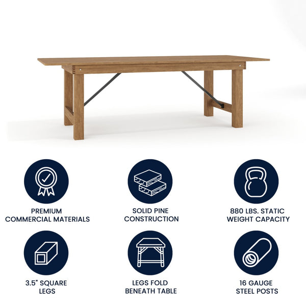 English Elm HERCULES 96" Farmhouse Folding Table - Solid Pine with Heavy-Duty Design for Dining & Events Antique Rustic 8'L x 40"W XA-F-96X40-GG