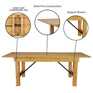 English Elm HERCULES 96" Farmhouse Folding Table - Solid Pine with Heavy-Duty Design for Dining & Events Light Natural 8'L x 40"W XA-F-96X40-LN-GG