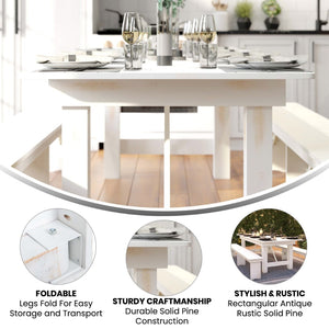 English Elm HERCULES 96" Farmhouse Folding Table - Solid Pine with Heavy-Duty Design for Dining & Events Antique Rustic White 8'L x 40"W XA-F-96X40-WH-GG