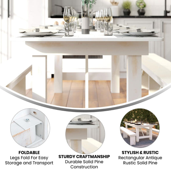 English Elm HERCULES 96" Farmhouse Folding Table - Solid Pine with Heavy-Duty Design for Dining & Events Antique Rustic White 8'L x 40"W XA-F-96X40-WH-GG