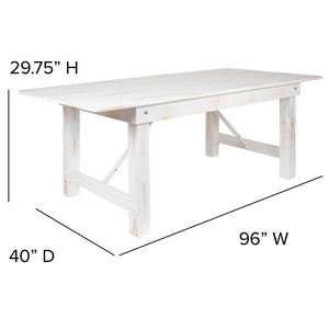 English Elm HERCULES 96" Farmhouse Folding Table - Solid Pine with Heavy-Duty Design for Dining & Events Antique Rustic White 8'L x 40"W XA-F-96X40-WH-GG