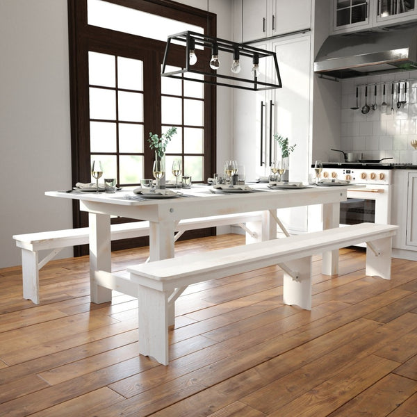 English Elm HERCULES 96" Farmhouse Folding Table - Solid Pine with Heavy-Duty Design for Dining & Events Antique Rustic White 8'L x 40"W XA-F-96X40-WH-GG