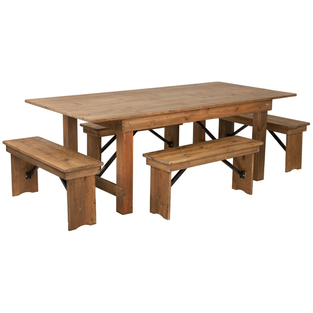 English Elm HERCULES Folding Farm Table and Bench Set - Rustic Pine Dining Solution for Home and Events Antique Rustic 7'L x 40"W XA-FARM-1-GG