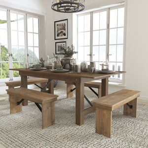 English Elm HERCULES Folding Farm Table and Bench Set - Rustic Pine Dining Solution for Home and Events Antique Rustic 7'L x 40"W XA-FARM-1-GG