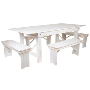 English Elm HERCULES Folding Farm Table and Bench Set - Rustic Pine Dining Solution for Home and Events Antique Rustic White 7'L x 40"W XA-FARM-1-WH-GG