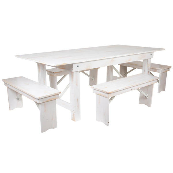 English Elm HERCULES Folding Farm Table and Bench Set - Rustic Pine Dining Solution for Home and Events Antique Rustic White 7'L x 40"W XA-FARM-1-WH-GG