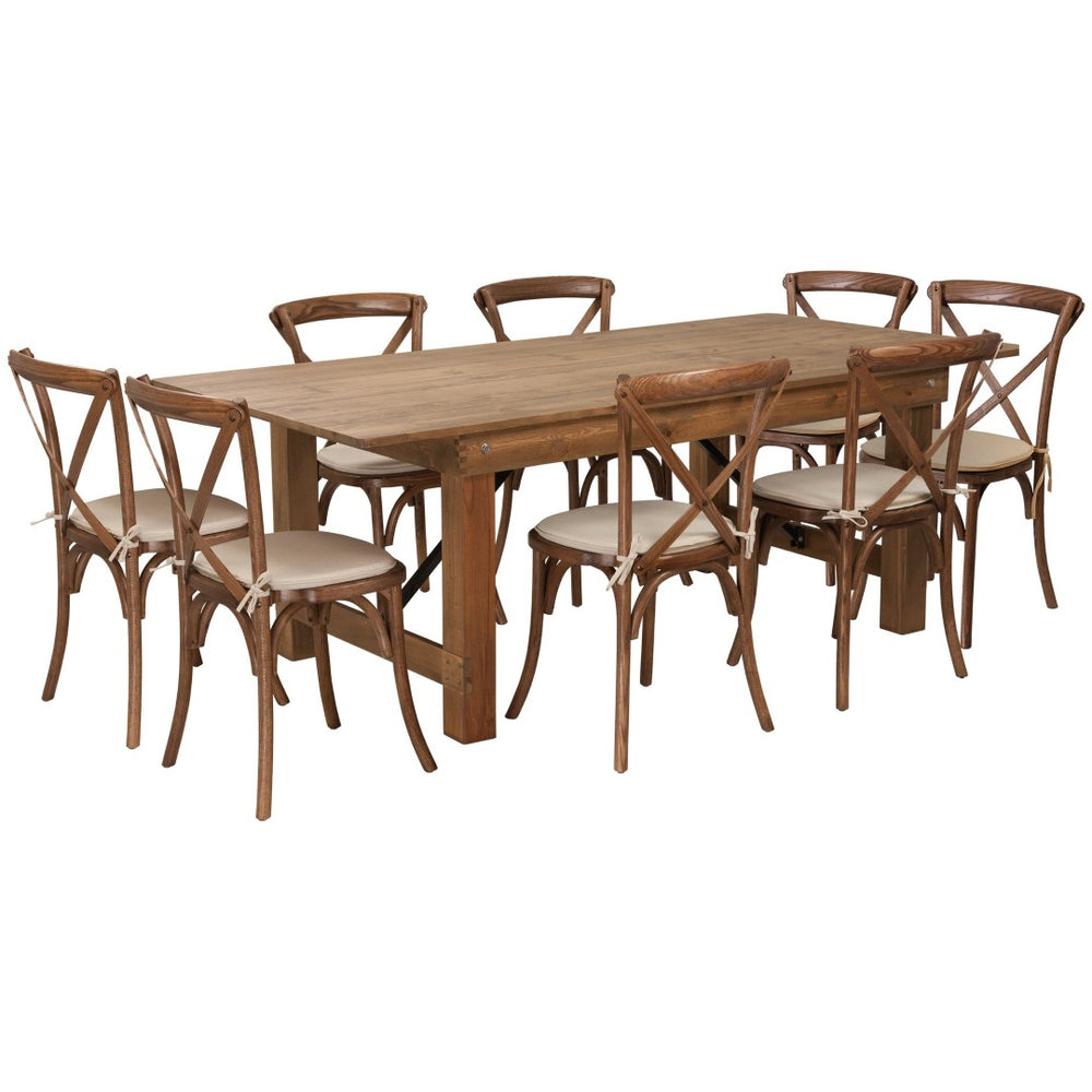 English Elm HERCULES 7' x 40'' Rustic Folding Farm Table Set with 8 Comfortable Cross Back Chairs & Cushions XA-FARM-10-GG