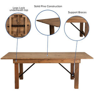 English Elm HERCULES 7' x 40'' Rustic Folding Farm Table Set with 8 Comfortable Cross Back Chairs & Cushions XA-FARM-10-GG