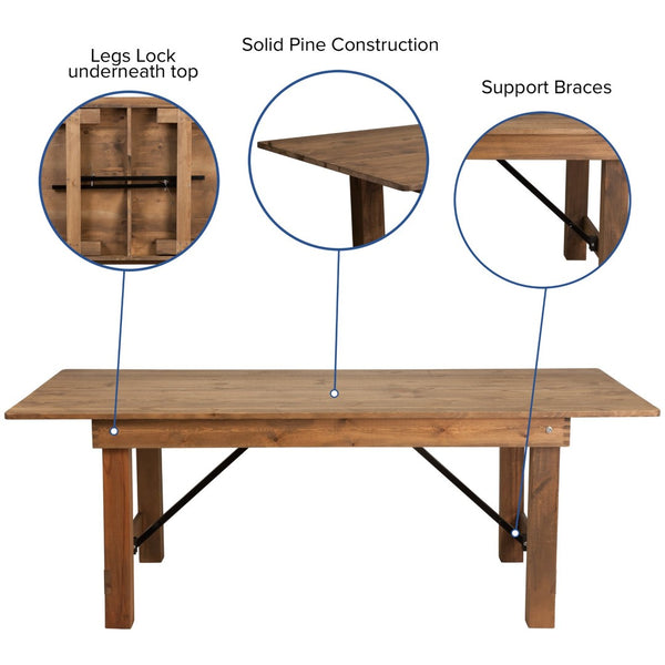 English Elm HERCULES 7' x 40'' Rustic Folding Farm Table Set with 8 Comfortable Cross Back Chairs & Cushions XA-FARM-10-GG