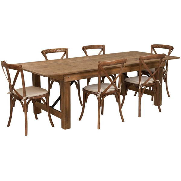English Elm HERCULES 8' x 40'' Antique Rustic Folding Farm Table Set with 6 Sturdy Cross Back Chairs & Cushions XA-FARM-11-GG