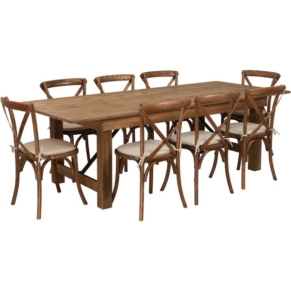 English Elm HERCULES 8' Folding Farm Table Set with 8 Comfortable Cross Back Chairs & Cushions for Gatherings XA-FARM-12-GG