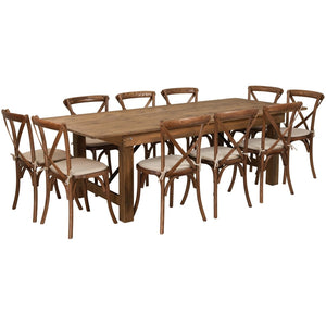 English Elm HERCULES 8' Rustic Folding Farm Table Set with 10 Cross Back Chairs & Cushions for Dining Events XA-FARM-13-GG