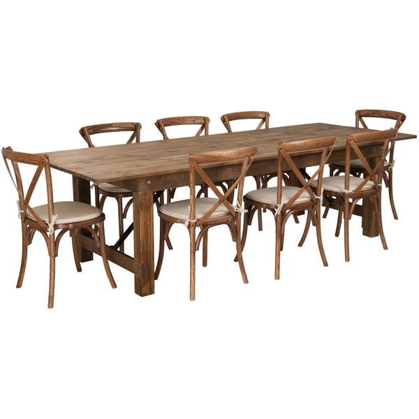 English Elm HERCULES 9' x 40'' Rustic Folding Farm Table Set with 8 Cushioned Cross Back Chairs for Events XA-FARM-14-GG