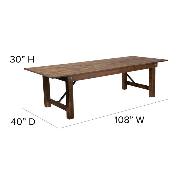 English Elm HERCULES 9' x 40'' Rustic Folding Farm Table Set with 8 Cushioned Cross Back Chairs for Events XA-FARM-14-GG