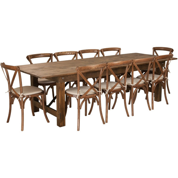English Elm HERCULES 9' Rustic Folding Farm Table Set with 10 Stackable Cross-Back Chairs & Cushions for Dining XA-FARM-15-GG