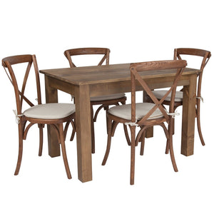 English Elm HERCULES 46" x 30" Rustic Farm Table Set with 4 Stackable Cross Back Chairs & Cushions for Comfort XA-FARM-17-GG