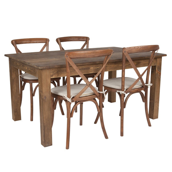 English Elm HERCULES 60" x 38" Rustic Farm Table Set with 4 Stackable Chairs & Cushions - Durable Charm for All XA-FARM-18-GG