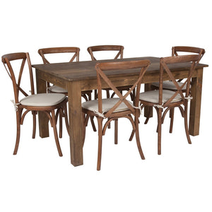 English Elm HERCULES 60" x 38" Rustic Farmhouse Table Set with 6 Cushioned Cross Back Chairs for Dining Elegance XA-FARM-19-GG
