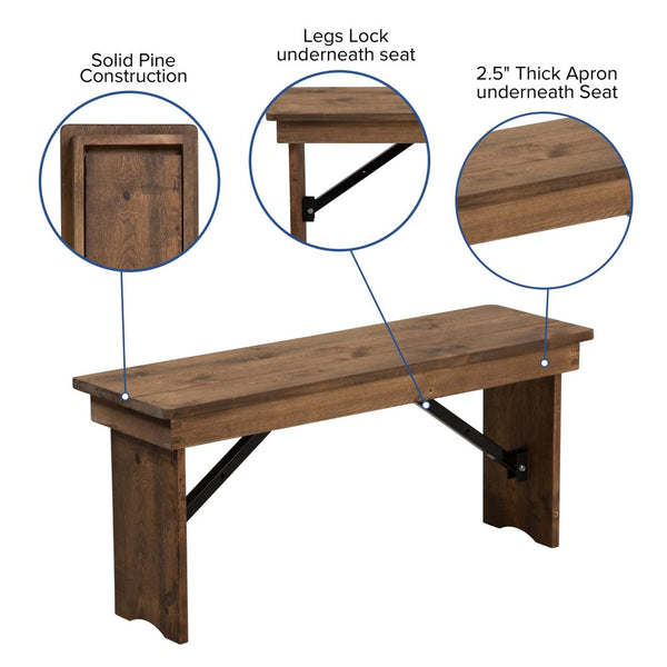 English Elm HERCULES Folding Farm Table and Bench Set - Sturdy Pinewood Design for Indoor and Outdoor Events Antique Rustic 8'L x 40"W XA-FARM-2-GG