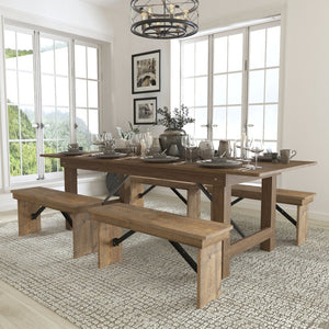 English Elm HERCULES Folding Farm Table and Bench Set - Sturdy Pinewood Design for Indoor and Outdoor Events Antique Rustic 8'L x 40"W XA-FARM-2-GG
