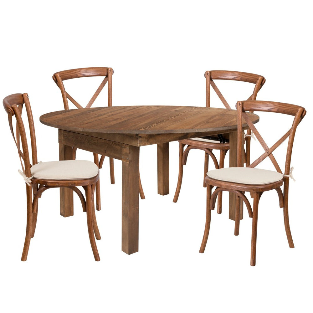 English Elm HERCULES 60" Round Solid Pine Folding Farm Dining Set with 4 Cushioned Cross Back Chairs for Events XA-FARM-20-GG