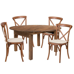English Elm HERCULES 60" Round Solid Pine Folding Farm Dining Set with 4 Cushioned Cross Back Chairs for Events XA-FARM-20-GG