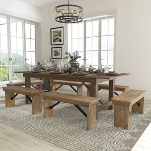 English Elm HERCULES Farmhouse Folding Table and Six Bench Set for Gatherings, Events, and Hospitality Spaces Antique Rustic 8'L x 40"W XA-FARM-3-GG