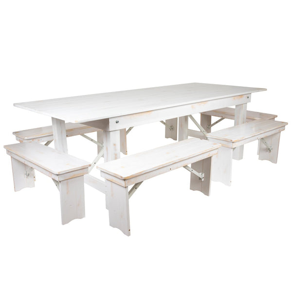 English Elm HERCULES Farmhouse Folding Table and Six Bench Set for Gatherings, Events, and Hospitality Spaces Antique Rustic White 8'L x 40"W XA-FARM-3-WH-GG