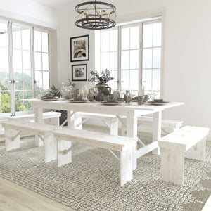 English Elm HERCULES Farmhouse Folding Table and Six Bench Set for Gatherings, Events, and Hospitality Spaces Antique Rustic White 8'L x 40"W XA-FARM-3-WH-GG