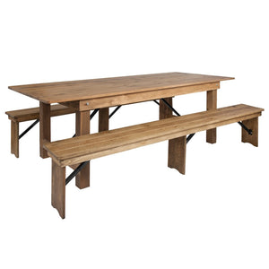 English Elm HERCULES Farmhouse Folding Table and Bench Set - Solid Pine Design for Durable, Communal Dining Experience Antique Rustic 8'L x 40"W XA-FARM-4-GG