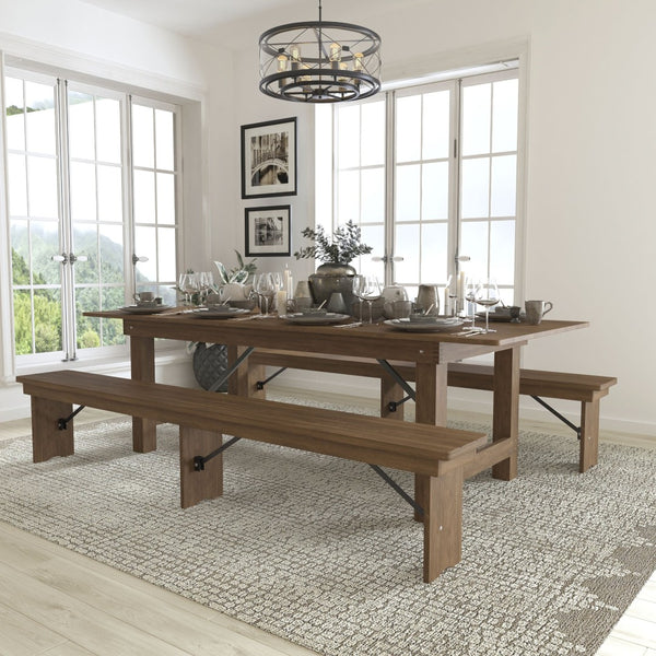 English Elm HERCULES Farmhouse Folding Table and Bench Set - Solid Pine Design for Durable, Communal Dining Experience Antique Rustic 8'L x 40"W XA-FARM-4-GG