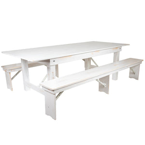 English Elm HERCULES Farmhouse Folding Table and Bench Set - Solid Pine Design for Durable, Communal Dining Experience Antique Rustic White 8'L x 40"W XA-FARM-4-WH-GG