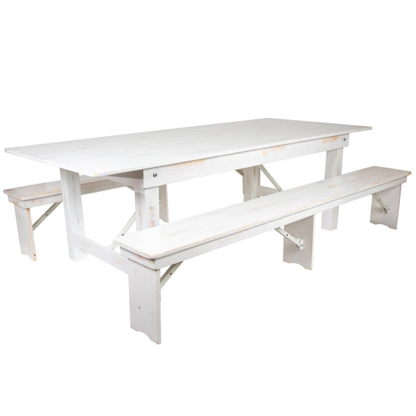 English Elm HERCULES Farmhouse Folding Table and Bench Set - Solid Pine Design for Durable, Communal Dining Experience Antique Rustic White 8'L x 40"W XA-FARM-4-WH-GG