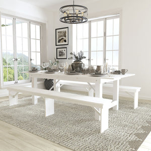 English Elm HERCULES Farmhouse Folding Table and Bench Set - Solid Pine Design for Durable, Communal Dining Experience Antique Rustic White 8'L x 40"W XA-FARM-4-WH-GG