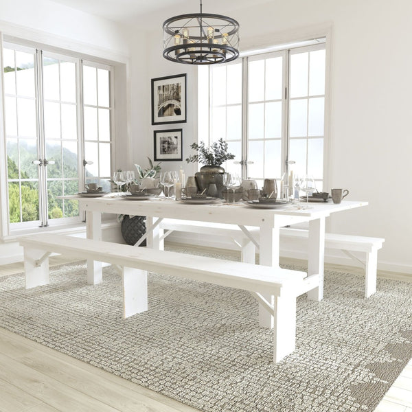 English Elm HERCULES Farmhouse Folding Table and Bench Set - Solid Pine Design for Durable, Communal Dining Experience Antique Rustic White 8'L x 40"W XA-FARM-4-WH-GG
