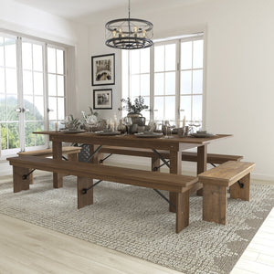 English Elm HERCULES 40" x 96" Folding Farm Table and Bench Set for Stylish Gatherings and Events Antique Rustic 8'L x 40"W XA-FARM-5-GG