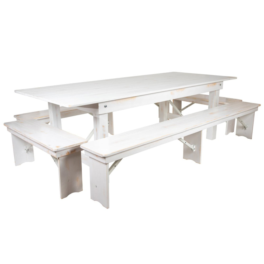 English Elm HERCULES 40" x 96" Folding Farm Table and Bench Set for Stylish Gatherings and Events Antique Rustic White 8'L x 40"W XA-FARM-5-WH-GG