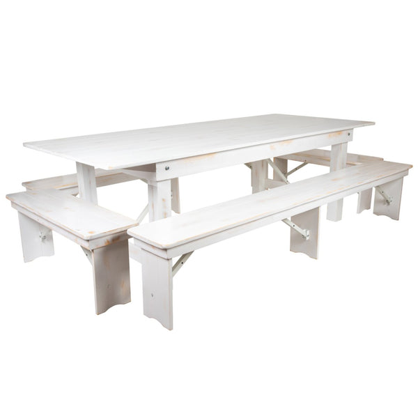 English Elm HERCULES 40" x 96" Folding Farm Table and Bench Set for Stylish Gatherings and Events Antique Rustic White 8'L x 40"W XA-FARM-5-WH-GG