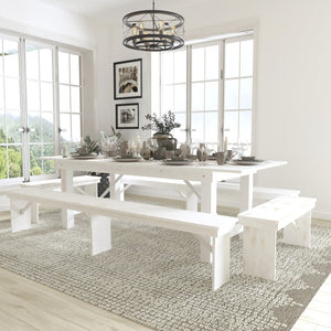 English Elm HERCULES 40" x 96" Folding Farm Table and Bench Set for Stylish Gatherings and Events Antique Rustic White 8'L x 40"W XA-FARM-5-WH-GG