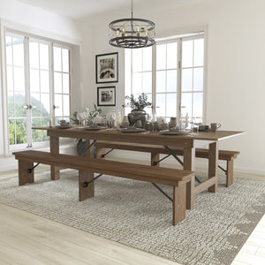 English Elm HERCULES Folding Farm Table and Bench Set for Stylish Communal Dining in Homes and Events Spaces Antique Rustic 9'L x 40"W XA-FARM-6-GG