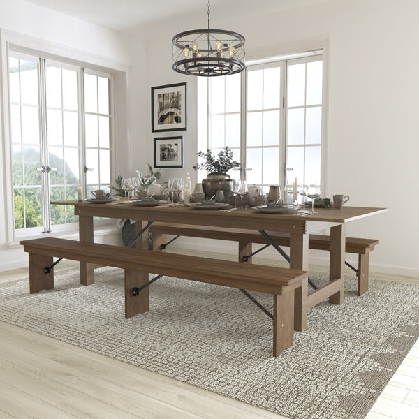 English Elm HERCULES Folding Farm Table and Bench Set for Stylish Communal Dining in Homes and Events Spaces Antique Rustic 9'L x 40"W XA-FARM-6-GG