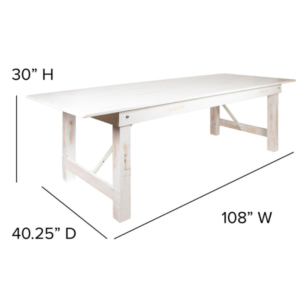 English Elm HERCULES Folding Farm Table and Bench Set for Stylish Communal Dining in Homes and Events Spaces Antique Rustic White 9'L x 40"W XA-FARM-6-WH-GG