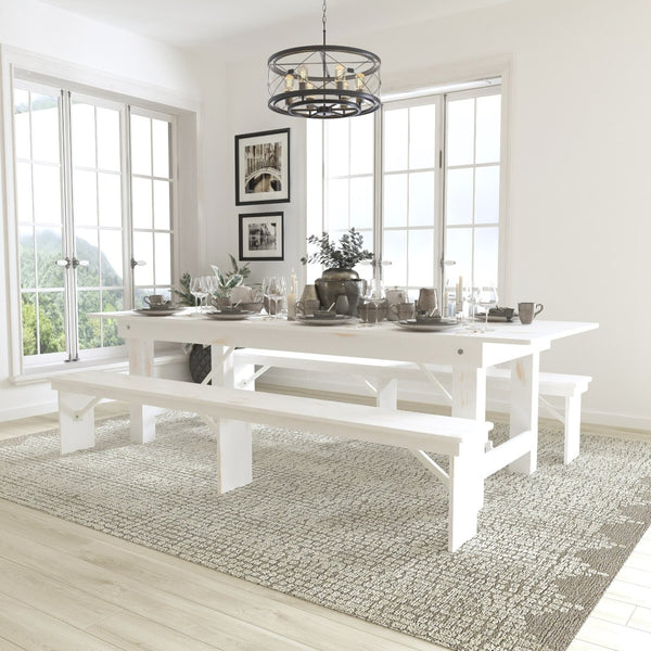 English Elm HERCULES Folding Farm Table and Bench Set for Stylish Communal Dining in Homes and Events Spaces Antique Rustic White 9'L x 40"W XA-FARM-6-WH-GG