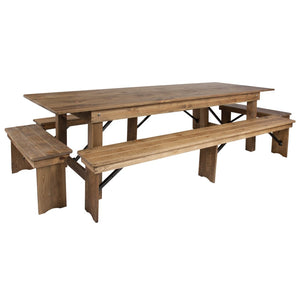 English Elm HERCULES Series Stylish Folding Farm Table with Four Benches - Perfect for Gatherings & Events! Antique Rustic 9'L x 40"W XA-FARM-7-GG